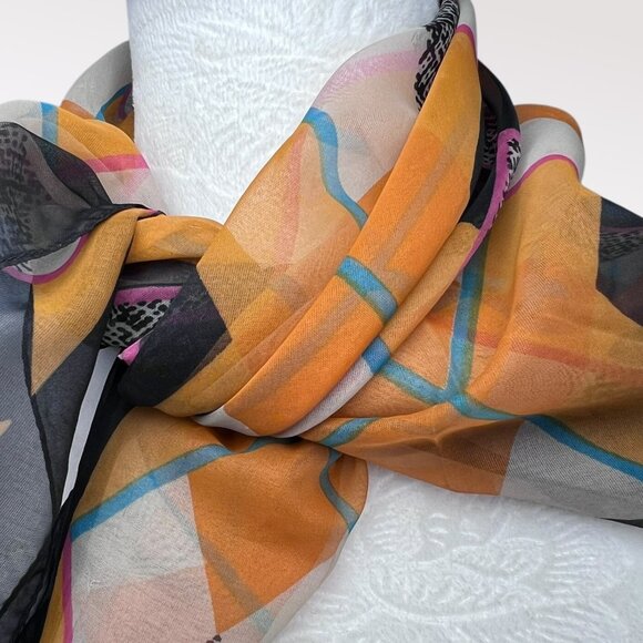 Vintage Echo Made In Italy Sheer Square Scarf Black Orange Pink 80s 90s - Picture 2 of 7
